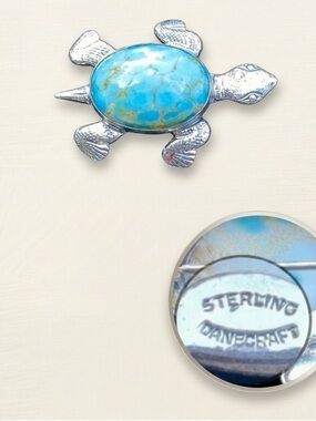 Vintage Danecraft Sterling Silver Turquoise Turtle Pin Brooch 1”